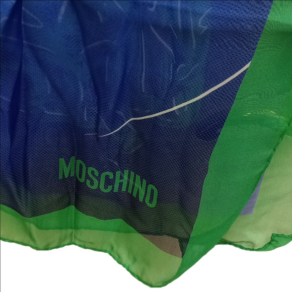 🆕 MOSCHINO BLUE & GREEN ITALIAN SILK SCARF WITH MEDALLION CHAINS - Picture 4 of 8